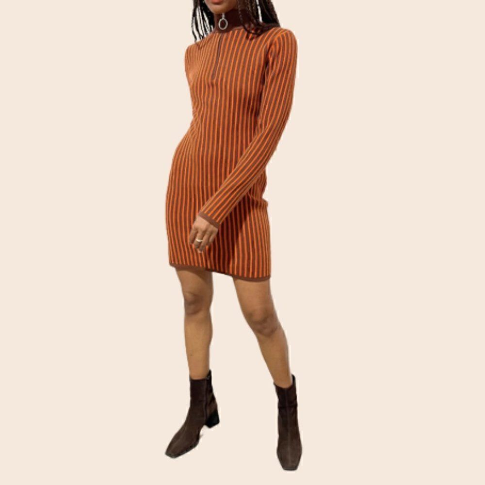 Another Girl Orange & Brown Striped Francoise Zip Knit Mini Dress Size 6